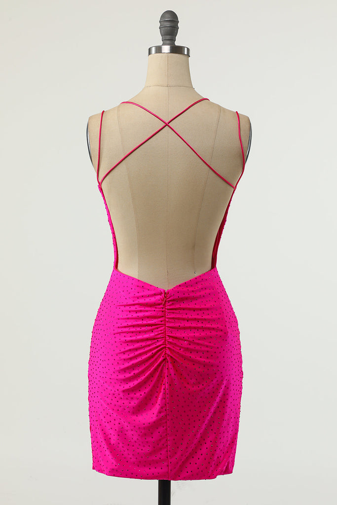 Sexy V-Neck Sleeveless Short Backless Fuchsia Prom/Homecoming Dress with Sequins RRJS453 Rjerdress