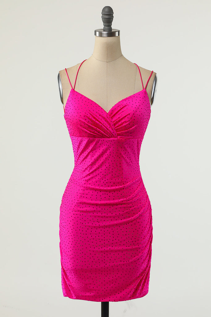 Sexy V-Neck Sleeveless Short Backless Fuchsia Prom/Homecoming Dress with Sequins RRJS453 Rjerdress