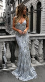 Sexy V-Neck Spaghetti Straps Grey Mermaid Sequined Backless Sleeveless Evening Dresses RJS239