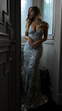 Sexy V-Neck Spaghetti Straps Grey Mermaid Sequined Backless Sleeveless Evening Dresses RJS239 Rjerdress