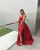 Sexy V Neck Spaghetti Straps Ruffles Floor Length Prom Dresses With Slit Rjerdress