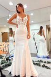 Sexy V-neck Lace Appliques Open Back Custom Made Long Prom Dresses RJS745
