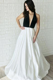 Sexy White and Black Satin Sleeveless Backless Long Prom Dresses Evening Dresses