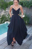 Sexy black chiffon v-neck with spaghetti straps long prom dress summer dress Rjerdress