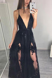 Sexy black tulle lace applique V-neck see-through evening dresses summer long dresses Rjerdress