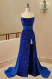 Sexy Mermaid Strapless Royal Blue Sequin Slit Long Prom Evening Dress With Train