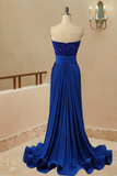 Sexy Mermaid Strapless Royal Blue Sequin Slit Long Prom Evening Dress With Train