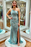 Sheath/Column Split Front Floor Length One Shoulder Sequins Prom Dresses