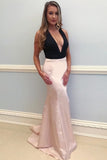 Sheath Deep V-Neck Black And Pink Long Simple Cheap Prom Dresses Rjerdress