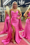 Sheath Hot Pink Pleated Strapless Satin With Slit Floor Length Prom Evening Dresses