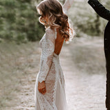 Sheath Mermaid Brush Train Long Sleeve Backless Lace Scoop Wedding Dress Gown Rjerdress