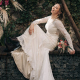 Sheath Mermaid Brush Train Long Sleeve Backless Lace Scoop Wedding Dress Gown Rjerdress