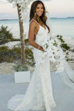 Sheath Mermaid Long Spaghetti Straps Lace Simple Beach Wedding Dresses Rjerdress
