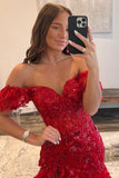 Sheath Off-The-Shoulder Sleeveless Slit Sequin Embroidery Tiered Prom Dresses Rjerdress