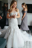 Sheath Off the Shoulder Court Train Ivory Tulle Wedding Dresses with Lace Appliques Rjerdress