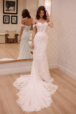 Sheath Off-the-Shoulder White Mermaid Chiffon Lace Appliques Beach Wedding Dresses UK Rjerdress
