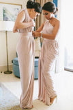 Sheath One-Shoulder Floor-Length Blush Pink Ruched Bridesmaid Dress