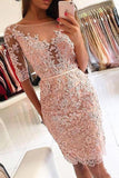 Sheath Pink Lace Appliques Beads Homecoming Dresses with Half Sleeve Cocktail Dresses RJS833 Rjerdress