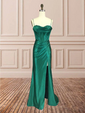 Sheath Satin Spaghetti Straps Cowl Neck Ruched Long Prom Dress With Silt Rjerdress