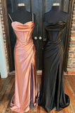 Sheath Satin Spaghetti Straps Cowl Neck Ruched Long Prom Dress With Silt Rjerdress