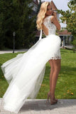Sheath Scoop Neck Ivory Lace Tulle Detachable Ruffles Open Back Wedding Dresses Rjerdress