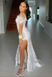Sheath Spaghetti Straps Appliques & Sequins Feather Long Prom Dress with Slit Rjerdress