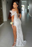 Sheath Spaghetti Straps Appliques & Sequins Feather Long Prom Dress with Slit Rjerdress