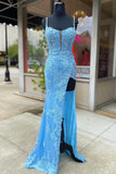 Sheath Spaghetti Straps Appliques & Sequins Long Prom Dress with Slit Rjerdress