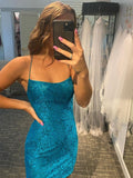Sheath Spaghetti Straps Blue Short Backless Lace Homecoming Dresses Rjerdress