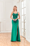 Sheath Spaghetti Straps Silk Lace Sequin Beaded Prom Dresses with Slit Rjerdress