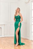 Sheath Spaghetti Straps Silk Lace Sequin Beaded Prom Dresses with Slit