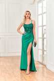 Sheath Spaghetti Straps Silk Lace Sequin Beaded Prom Dresses with Slit Rjerdress