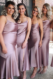 Sheath Spaghetti Straps Tea Length Lilac Bridesmaid Dress With Split