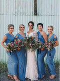 Sheath V-Neck Cold Shoulder Floor-Length Blue Ruched Bridesmaid Dress
