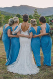 Sheath V-Neck Cold Shoulder Floor-Length Blue Ruched Bridesmaid Dress Rjerdress