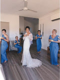Sheath V-Neck Cold Shoulder Floor-Length Blue Ruched Bridesmaid Dress Rjerdress