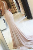 Sheath V Neck Pearl Pink Backless Beads Slit Satin Mermaid Sleeveless Prom Dresses RJS22 Rjerdress