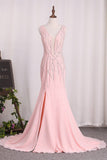 Sheath V Neck Pearl Pink Backless Beads Slit Satin Mermaid Sleeveless Prom Dresses RJS22 Rjerdress