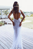 Sheath White Mermaid Round Neck Sweep Train Open Back Lace Wedding Dress with Split Rjerdress