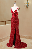 Sheath Sequin V-Neck Long Prom Dress with Cut Glass Mirrors
