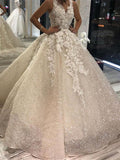 Shimmer Organza Ball Gown Wedding Dress With V Neck And Sequins Decorated Rjerdress