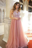 Shiny A Line Dusty Rose Long Tulle Split Prom Dresses Sequins Bodice V Neck Formal Dress RJS425