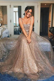 Shiny A Line Sequin Straps Prom Dresses Backless Sleeveless Formal Dress