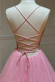 Shiny A Line V Neck Backless Pink Long Prom Dress, Open Back Pink Formal Evening Dress Rjerdress