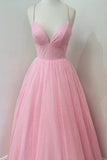 Shiny A Line V Neck Backless Pink Long Prom Dress, Open Back Pink Formal Evening Dress Rjerdress