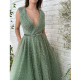Shiny A Line V Neck Tulle Pleats Prom Dresses With Pockets Rjerdress