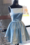 Shiny Blue Satin Beading Square Neck Sleeveless Homecoming Dress Knee Length Prom Dress Rjerdress