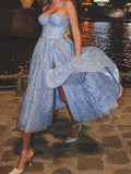Shiny Blue Sequin Sweetheart Tea Length Slit Homecoming Dresses