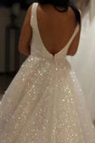 Shiny Ivory Sequins V Neck Backless Straps Wedding Dresses, Beach Bride Dresses RJS15375 Rjerdress