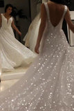 Shiny Ivory Sequins V Neck Backless Straps Wedding Dresses, Beach Bride Dresses RJS15375